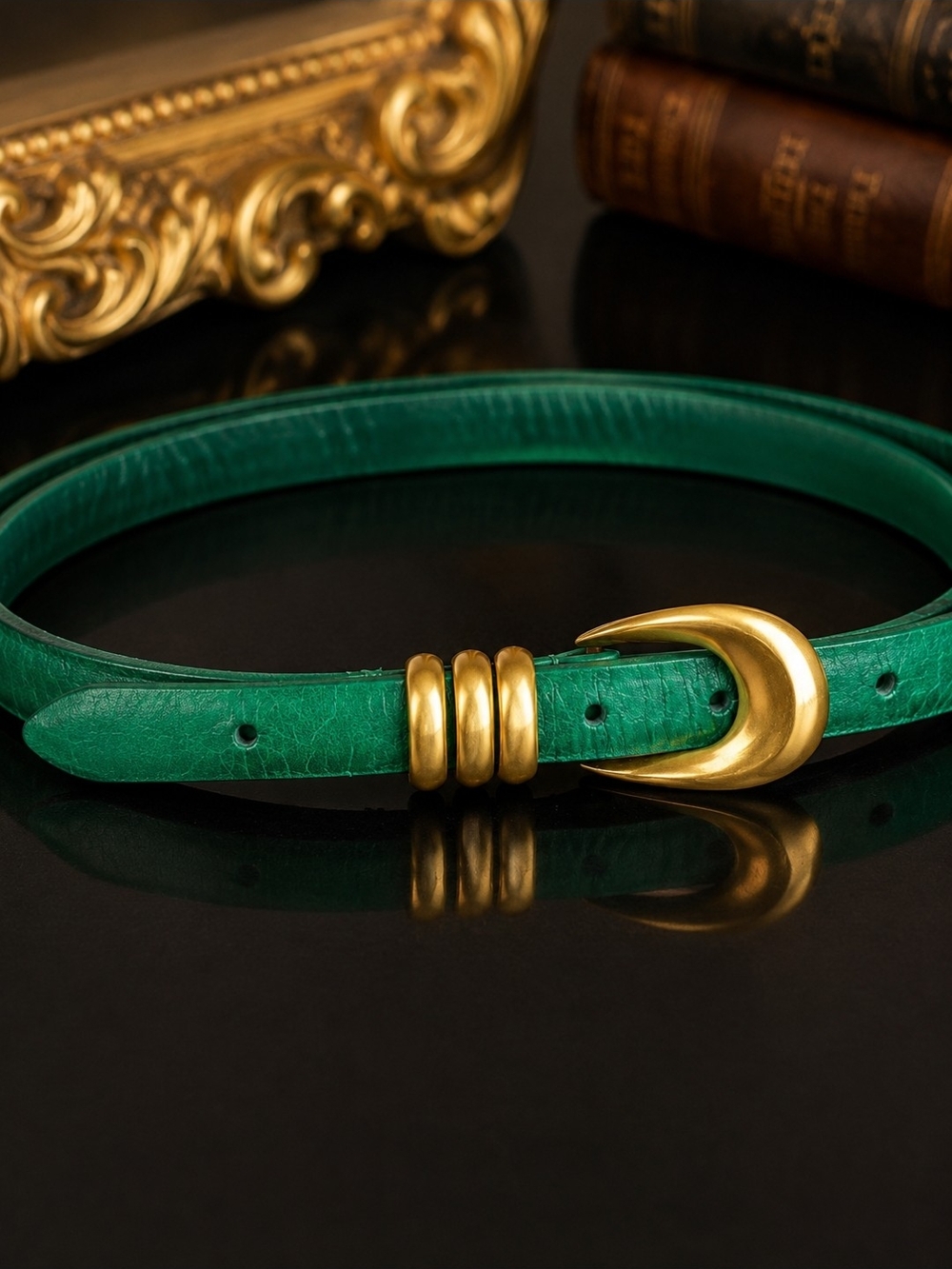 Vintage 80s Worth Green Leather Skinny Belt Gold Tone Buckle Made in Italy 37"